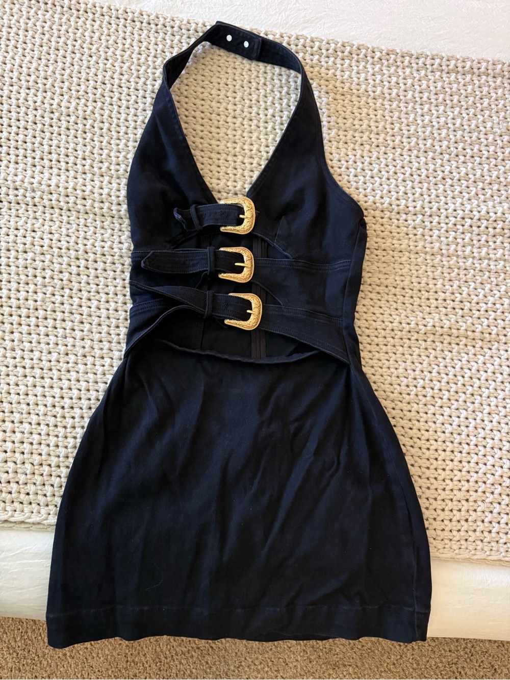 Halter Mini Dress with Gold Buckle Detail - Black